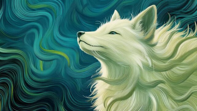 Majestic White Wolf Against Swirling Blue and Green Background Evoking Tranquility and Wilderness