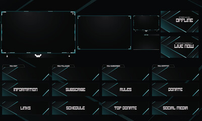 Futuristic dark stream overlay pack for Twitch YouTube gaming layout UI template © PixelCurve