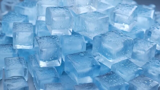 Pile of transparent blue ice cubes with water droplets on surface