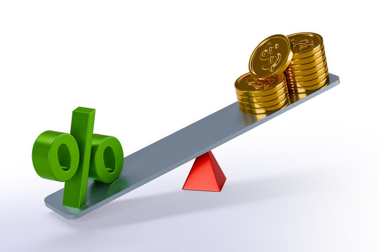 Percent symbol outweighing dollar coins on balance scale