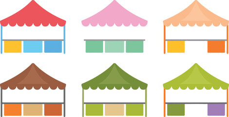 Fototapeta premium Colorful market tents in simple flat design style, outdoor fair stalls and vendor booths collection for festival and marketplace illustration