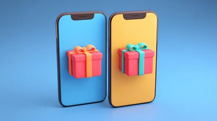 Obraz premium Two smartphones displaying a gift box illustrating the concept of social gifting through applications and digital sharing