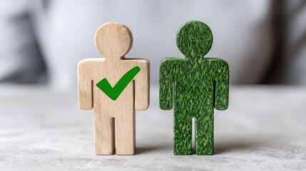 Two individuals engaged in a poll with a green checkmark representing decision making in social commerce and retail
