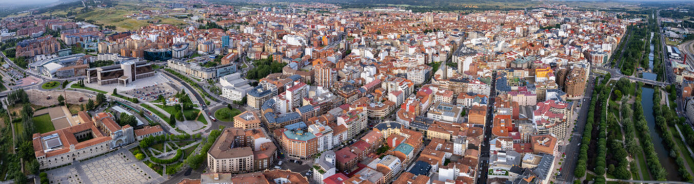  A panoramic aerial view beside the old town of the city Leon in Spain on a sunny summer afternoon. 