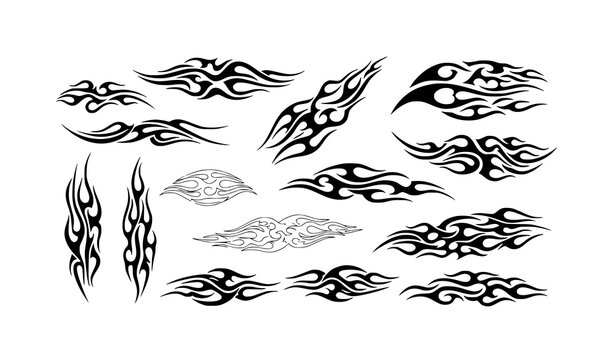 Neo tribal flame vector set with outline and filled fire shapes for car decals
