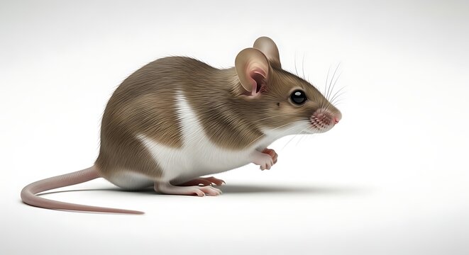 Cute brown and white mouse standing on all fours in natural pose with detailed fur texture