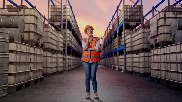 Full Body Of Asian Female Engineer With Safety Helmet Thinking And Looking Around Then Raising Her Index Finger While Standing at Warehouse with Containers and Barrels