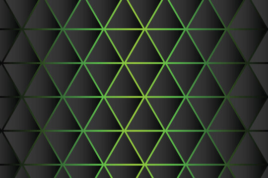 Dark geometric triangle grid background. Neon green line pattern with subtle depth and gradient shading. Abstract technology wallpaper with modern polygon mesh design.