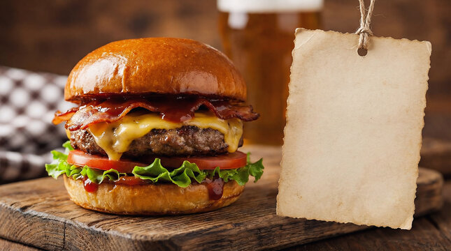 Classic bacon cheeseburger on wooden board with blank hanging paper tag