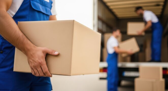 Movers in blue overalls carrying cardboard boxes out of a truck during a relocation service