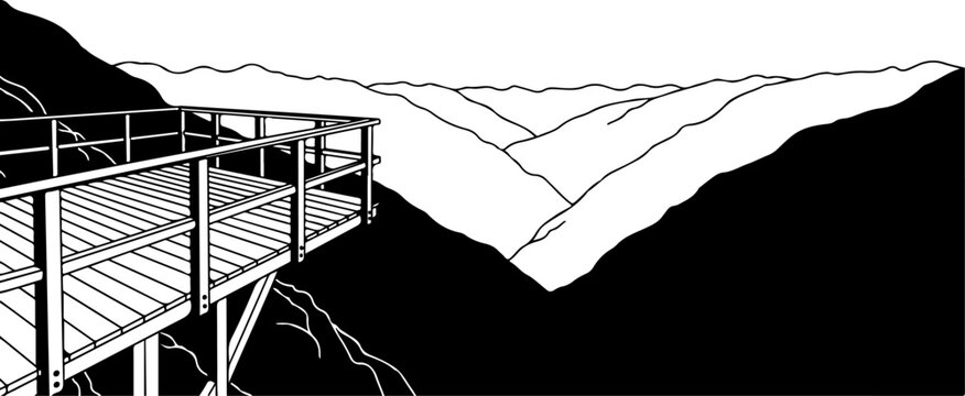 Observation deck, mountain landscape, black and white vector, scenic viewpoint, cliffside platform
