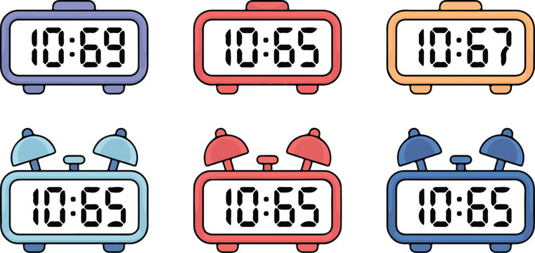Colorful digital and analog alarm clocks displaying synchronized times, modern and classic timekeeping devices for schedule and punctuality concept illustration