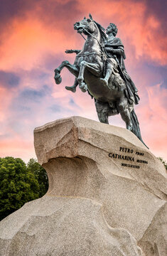 Equestrian monument of Russian emperor Peter the Great, known as The Bronze Horseman against the crimson sky