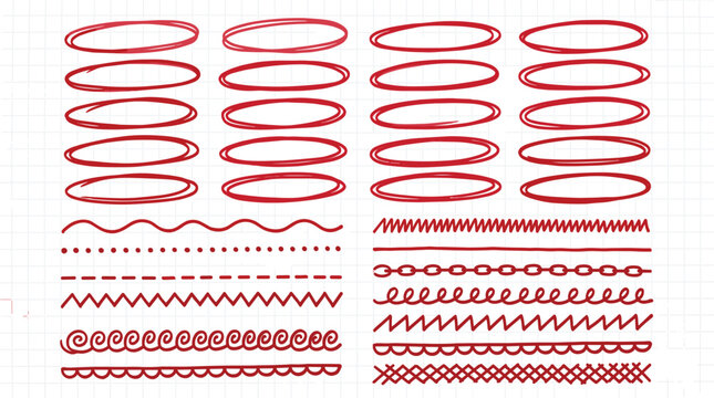 Red hand drawn sketchy circle set with diverse scribbled underline strokes and wavy decorative borders for creative school or office highlighting