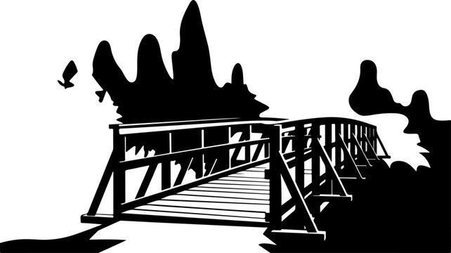 black silhouette bridge, wooden bridge, landscape icon, vector illustration