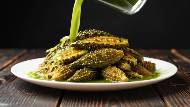 Healthy bitter gourd dish with green juice splash on dark wooden background.