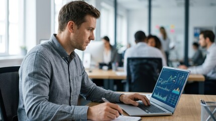 Obraz premium Medium shot of a financial analyst reviewing detailed charts and graphs on a laptop the screen in sharp focus while the busy office background is blurred.