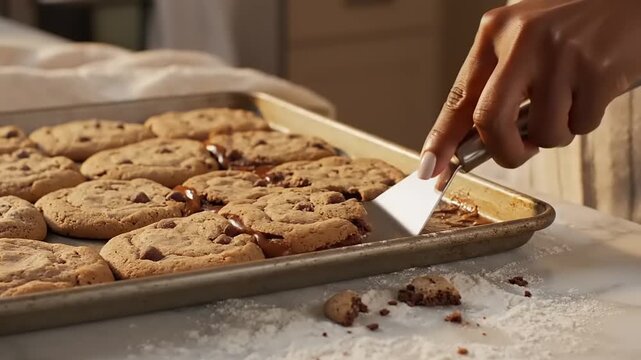 Hand removing chocolate chip cookie from baking sheet.