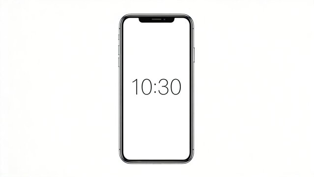 Smartphone mockup with digital clock showing 1030 isolated on white background blank screen template for app design UI presentation or mobile interface concept minimalist tech gadg