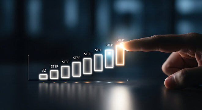 Businessman hand touching digital growth bar chart with step labels representing progress success and financial development