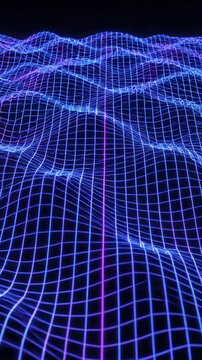 A Dynamic Visualization of Rectangular Grids on Undulating Waves, Showcasing Vibrant Blue and Purple Lights Against a Dark Background