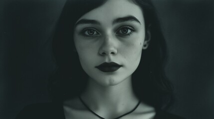 Fototapeta premium Portrait of a woman with dark makeup and soft lighting in a moody tone, conveying emotion, introspection, and cinematic beauty with a minimal dark background.