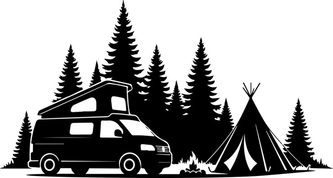 Camping, outdoor adventure, silhouette illustration, black and white, vector graphics, travel, exploration, camping icons