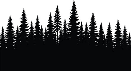 Layered coniferous forest silhouette with tall pine and fir trees, artistic black and white minimalist skyline nature illustration design © Raianbin