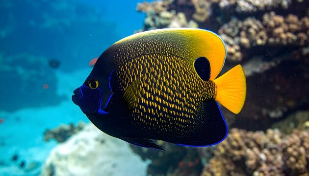 Bright yellowtail angelfish swimming near coral reef in clear blue ocean water