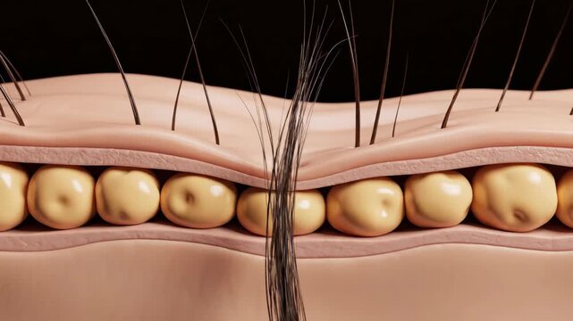 Microscopic 3D Cross-Section of Human Skin Layers showing Hair Follicles and Fat Cells Anatomy