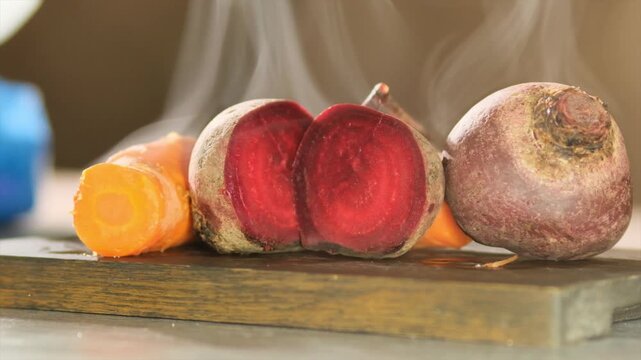 Boiled hot vegetables beetroot and carrot lying on cutting board and releasing steam upward. Vegetable food for vegetarian. Diet with set of vegetables. Vegetarianism.