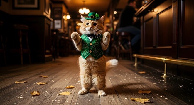 St. Patrick's Day Cat: A charming ginger cat dressed in a festive green outfit, embodying the spirit of St. Patrick's Day. It stands in a classic pub setting, evoking a sense of joy and celebration.