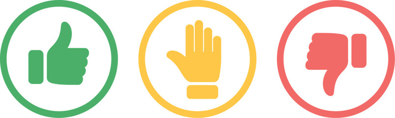 Like, Dislike, and Neutral Thumb Icon, flat outline vector illustration in green, yellow, and red, representing user feedback, rating system, approval, disapproval, and neutral response concept.