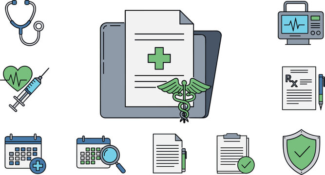 Medical record management icons for patient health history prescription and healthcare administration vector