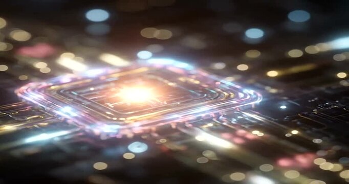 Glowing microchip core with dynamic circuit lights.