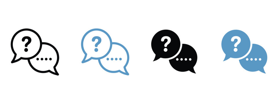 FAQ icon set, paired speech bubbles with question mark and ellipsis sign, support and help sign for messaging and inquiry UI, answer symbol, talk pictogram