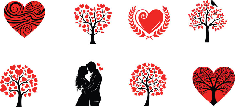Romantic set of red heart icons, love trees with heart leaves, couple silhouette, and decorative floral valentine elements for wedding design.