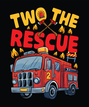 Cartoon fire truck with rescue text