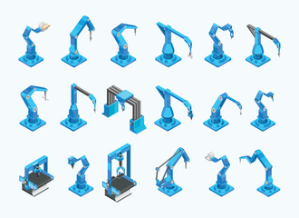 Obraz premium Blue isometric conveyor machines with robotic manipulators. Factory automation concept. Vector illustration