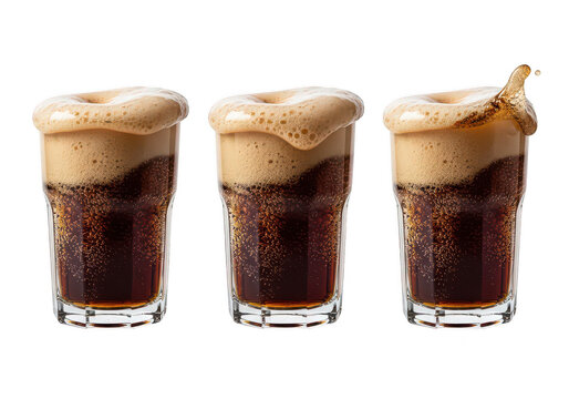 Three glasses of cola with foamy heads showing varying stages of fizz on transparent background