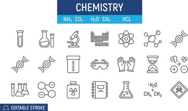 Professional chemistry icon set with editable stroke featuring lab equipment molecular structures periodic table and safety gear for science education and research