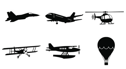 Silhouettes of various aircraft fighter jet airliner helicopter biplane and balloon © Saidul_Studio1984