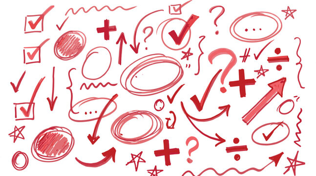 Red hand drawn marker set with check marks circles arrows and mathematical symbols for creative school grading and office correction feedback