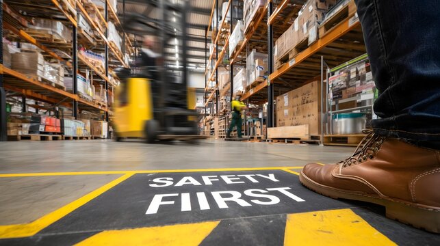 Safety first marking on warehouse floor with worker boots and forklifts, industrial workplace safety concept, logistics and storage environment with focus on accident prevention
