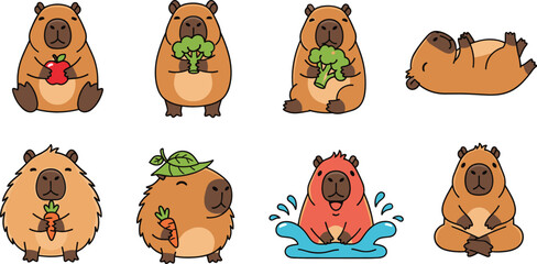 Fototapeta premium Cute capybara characters eating vegetables and relaxing in playful poses, adorable cartoon animals in flat vector illustration set