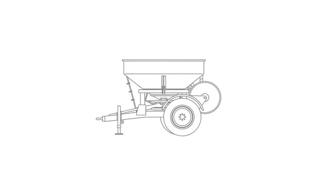 Detailed line drawing of a fertilizer or seed spreader on wheels for gardening or farming purposes