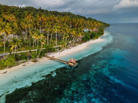 Tropical sandy beach with palm trees and pier with quiet sea in Indonesia.