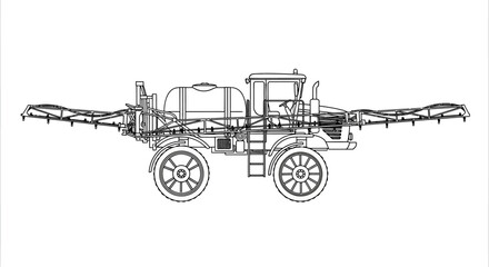 Detailed illustration of a large agricultural sprayer machine with extended boom arms for crop treatment © Dipan