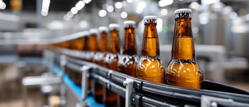Bottles move along the production line for packaging and labeling in a brewery setting