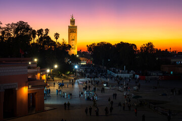 Jemaa el-Fna Square and Koutoubia Mosque at Sunset, Marrakech, Morocco